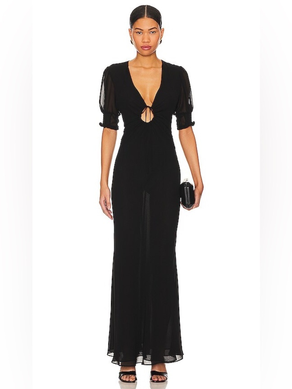 Misha Women’s Danica Maxi Dress in Black Size S Keyhole Semi Sheer Wedding Guest